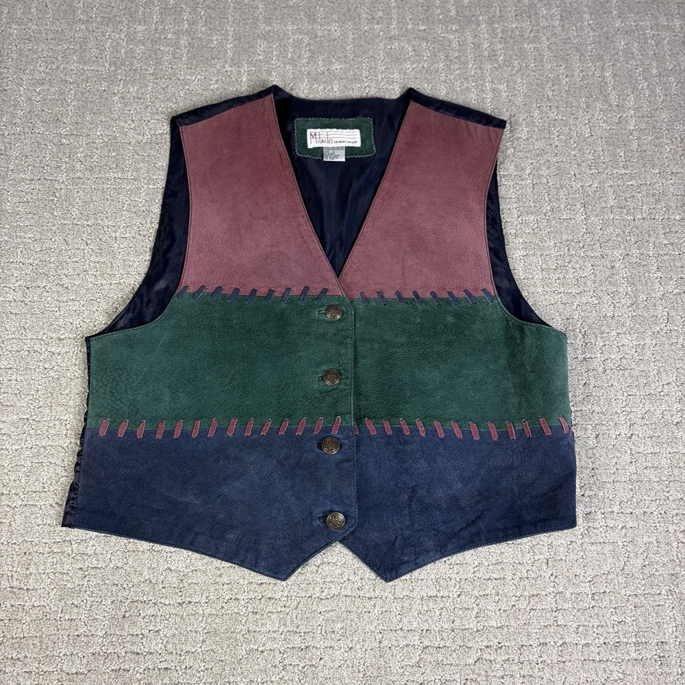 Vintage 90s Colorblock Suede Leather Vest Milano Western Cowboy Boho L Retro